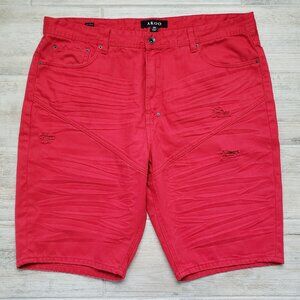 Akoo No Rivals Stacked Distressed Red Denim Shorts Men Streetwear Denim 40
